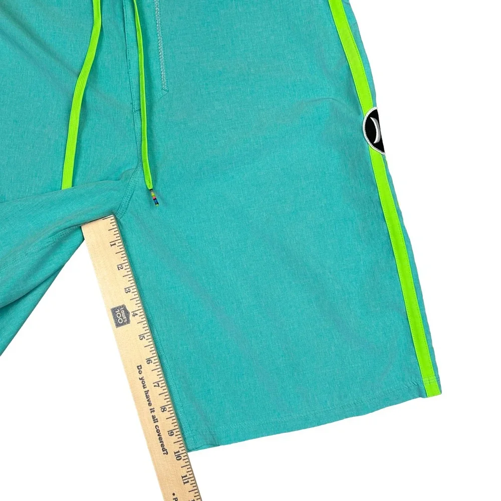 EUC Hurley Phantom Mens Board Shorts Teal Neon Green Striped Swim Trunks Size 32